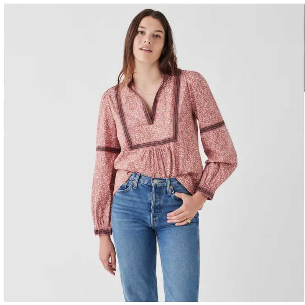 Faherty Aurora Leaf Print Organic Cotton Peasant Top Womens Medium